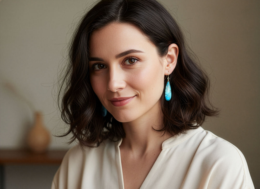 Copper Blue Turquoise Earrings Long Sterling Silver or 14k Solid Yellow Gold or Filled Mosaic Veining Simple Drops Spyglass Designs Earthy