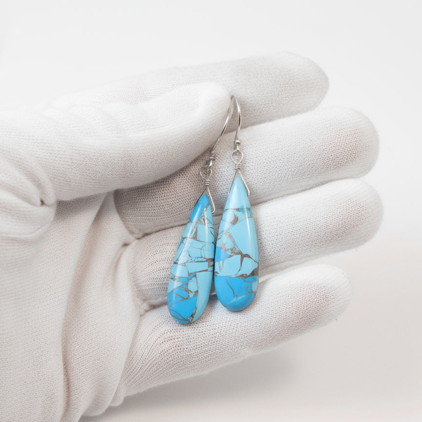 Copper Blue Turquoise Earrings Long Sterling Silver or 14k Solid Yellow Gold or Filled Mosaic Veining Simple Drops Spyglass Designs Earthy