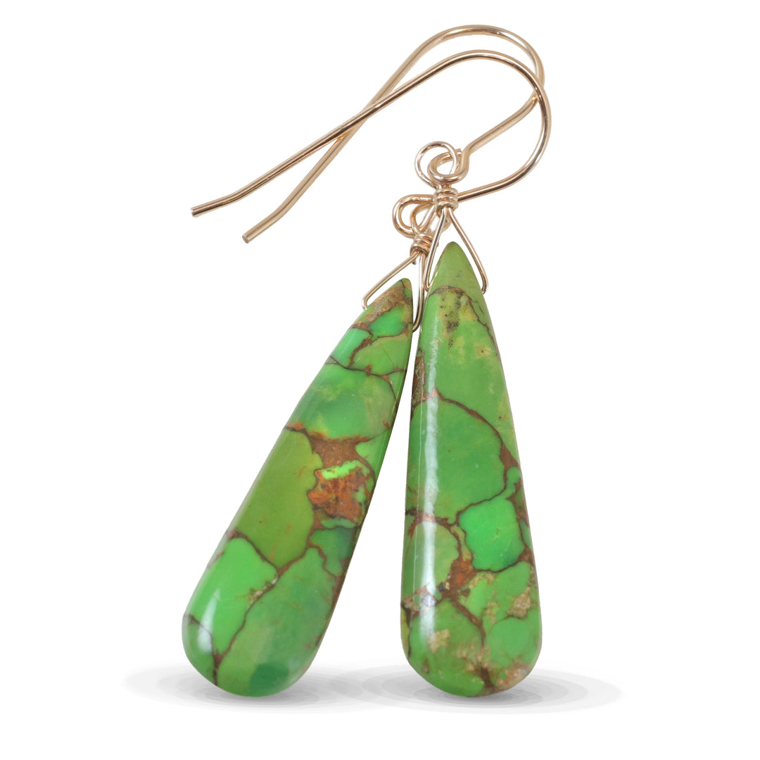 Copper MosaicTuquoise Earrings Green Smooth Large Long Narrow Briolettes Unique 14k solid yellow gold or filled or Sterling Silver Rare 2 In