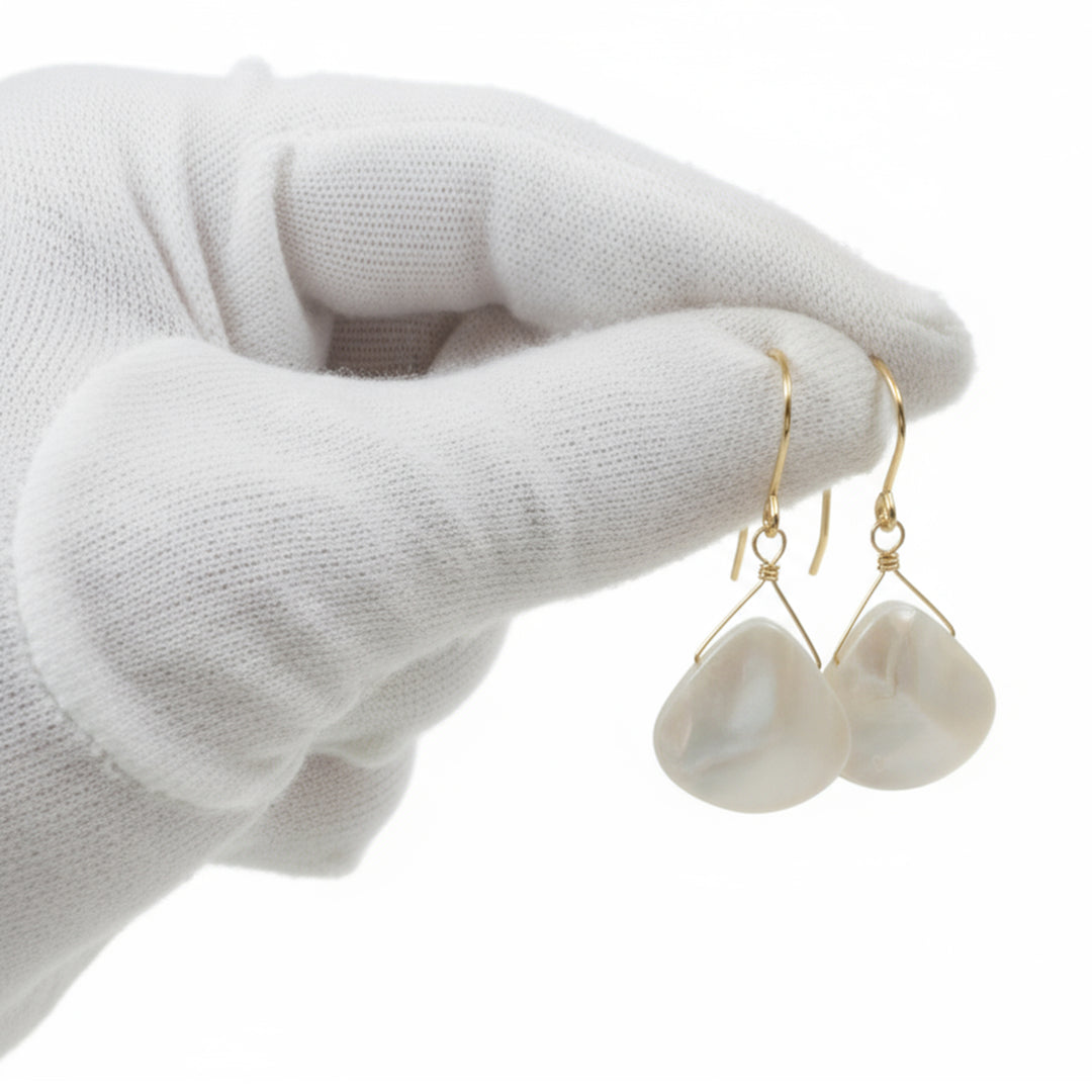 Mother of Pearl Earrings White Shell Heart Shape Teardrop Natural 14k Solid Gold or Filled or Sterling Silver Large Fat High Simple Drop MOP