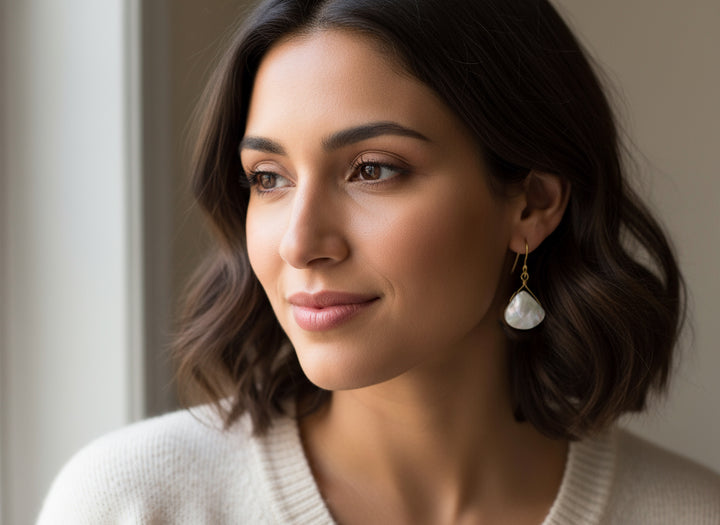 Mother of Pearl Earrings White Shell Heart Shape Teardrop Natural 14k Solid Gold or Filled or Sterling Silver Large Fat High Simple Drop MOP