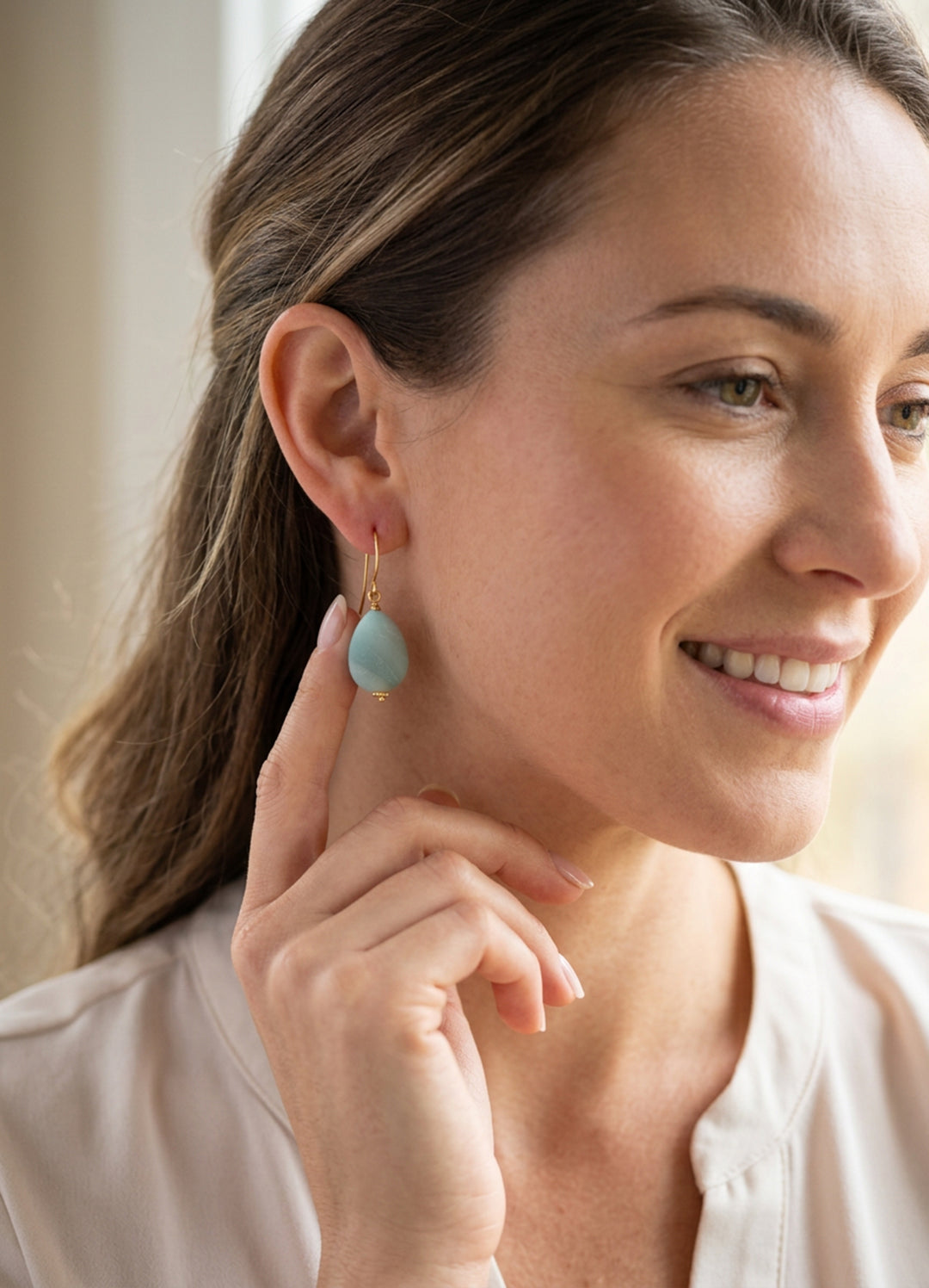 Amazonite Blue Aqua Smooth Earrings Matte – Sterling Silver or 14k Gold