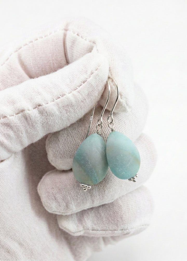 Amazonite Blue Aqua Smooth Earrings Matte – Sterling Silver or 14k Gold