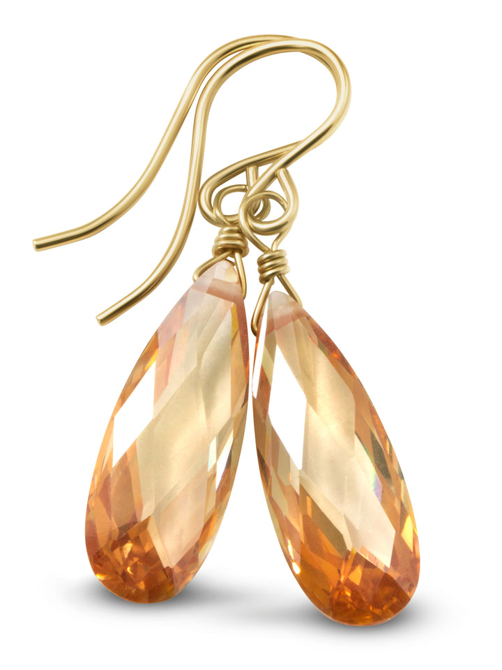 Peach Champagne Cognac Cubic Zirconia Earrings Faceted Long Teardrop CZ 14k Solid Gold or Filled or Sterling Silver Sim Diamond Dainty Drops