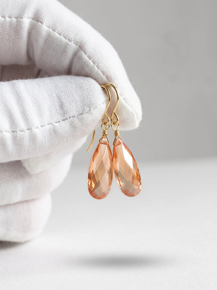 Peach Champagne Cognac Cubic Zirconia Earrings Faceted Long Teardrop CZ 14k Solid Gold or Filled or Sterling Silver Sim Diamond Dainty Drops