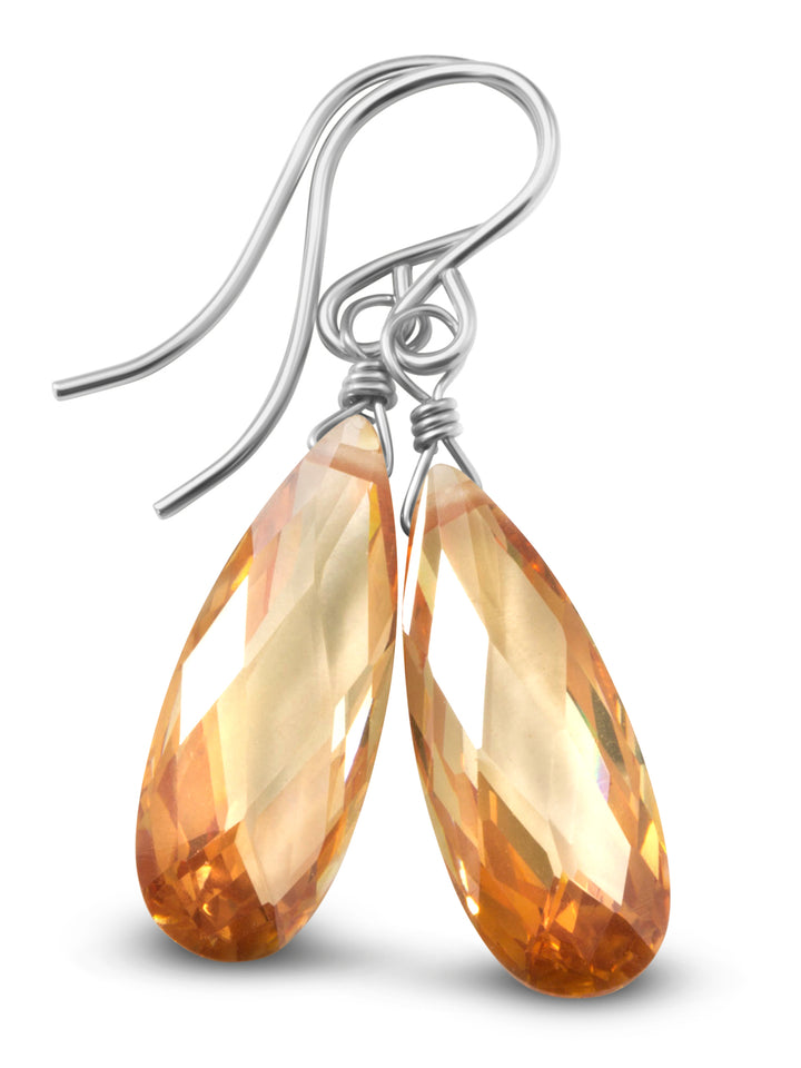 Peach Champagne Cognac Cubic Zirconia Earrings Faceted Long Teardrop CZ 14k Solid Gold or Filled or Sterling Silver Sim Diamond Dainty Drops