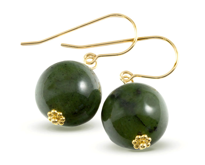 Nephrite Green Jade Earrings Simple Large Round Drops Smooth Sterling Silver or 14k Solid Gold or Filled Smooth drops simple everyday - Spyglass Designs
