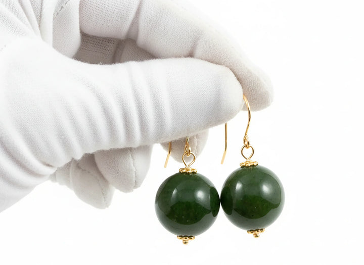 Nephrite Green Jade Earrings Simple Large Round Drops Smooth Sterling Silver or 14k Solid Gold or Filled Smooth drops simple everyday - Spyglass Designs