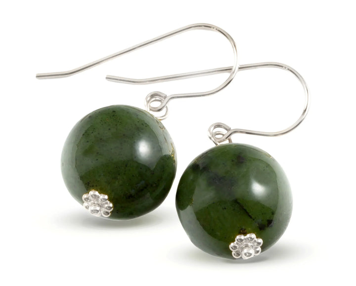 Nephrite Green Jade Earrings Simple Large Round Drops Smooth Sterling Silver or 14k Solid Gold or Filled Smooth drops simple everyday - Spyglass Designs