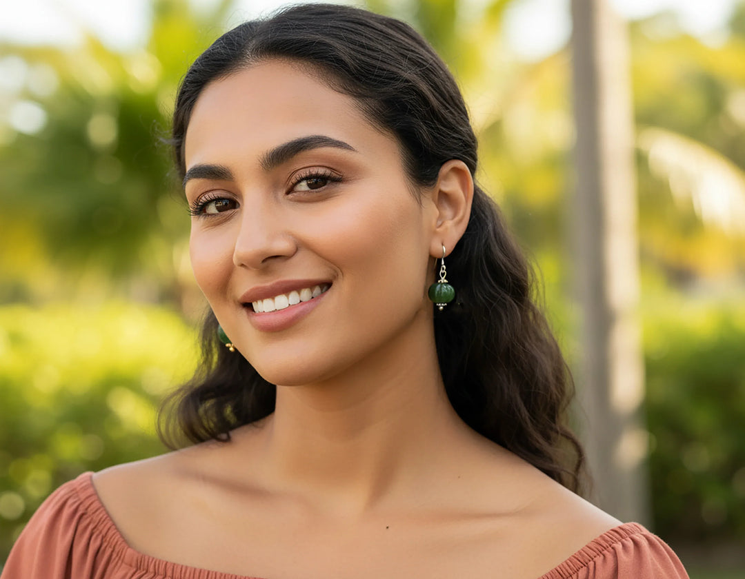 Nephrite Green Jade Earrings Carved Round Pumpkin Shape Smooth Sterling Silver or 14k Solid Gold or Filled Swirl Dainty Simple Lightweight - Spyglass Designs