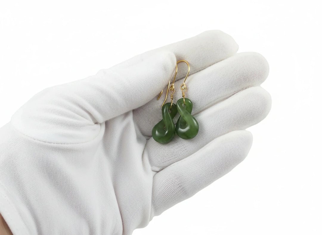 Natural Nephrite Green Jade Earrings Carved Double Infinity Teardrop 14k solid yellow gold or filled or Sterling Silver unique simple drops - Spyglass Designs