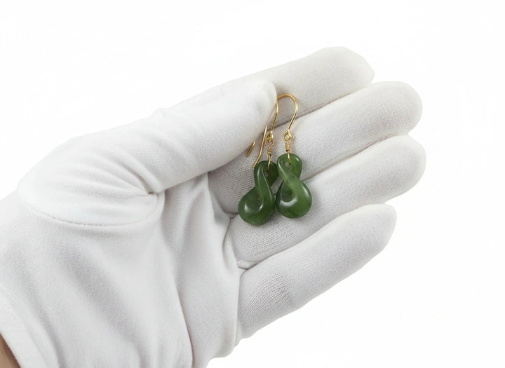 Natural Nephrite Green Jade Earrings Carved Double Infinity Teardrop 14k solid yellow gold or filled or Sterling Silver unique simple drops - Spyglass Designs