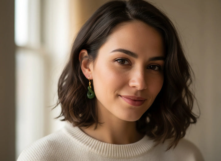 Natural Nephrite Green Jade Earrings Carved Double Infinity Teardrop 14k solid yellow gold or filled or Sterling Silver unique simple drops - Spyglass Designs