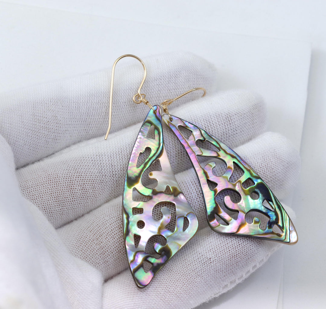 Mother of Pearl Abalone Earrings Shell Carved Relief Triangle Teardrop Natural 14k Solid Gold or Filled or Sterling Silver Large MOP Drops 2.6 Inch