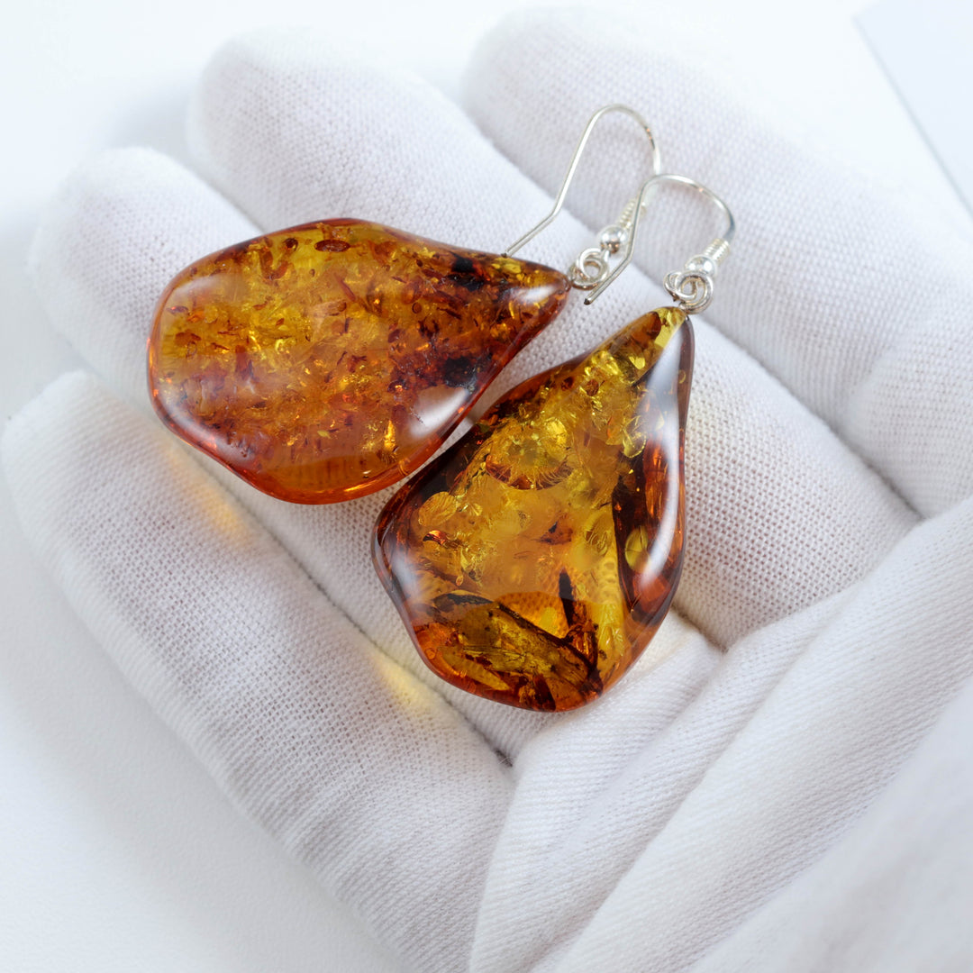Natural Amber Earrings Sterling Silver Honey Smooth Long Puffed Teardrops  Dangles Lightweight Rich Yellow Spyglass Designs