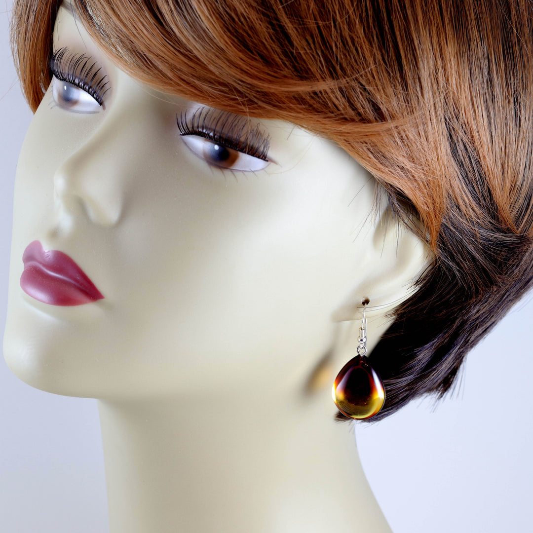 Amber Earrings Sterling Silver Yellow Honey Smooth Puffed Teardrop Natural Unique Dangles Sterling Silver 1.6 Inches