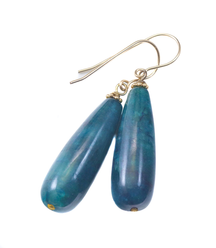 Blue Apatite Earrings 14k solid gold or filled or Sterling Silver Smooth Long Dangle Drops Natural Unique Deep blue Simple Drops 1.8 In