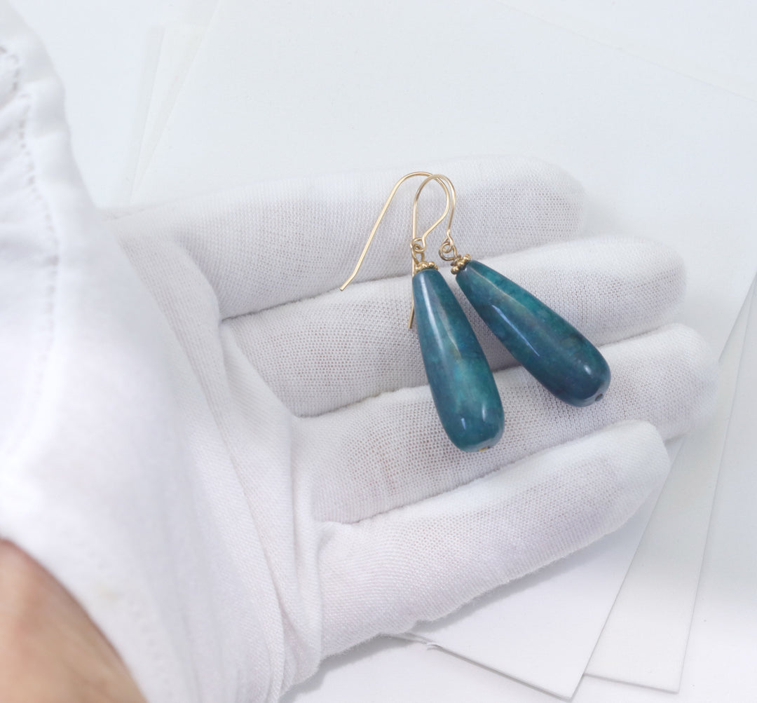 Blue Apatite Earrings 14k solid gold or filled or Sterling Silver Smooth Long Dangle Drops Natural Unique Deep blue Simple Drops 1.8 In