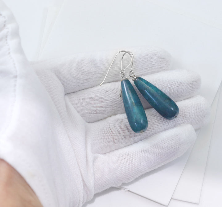 Blue Apatite Earrings 14k solid gold or filled or Sterling Silver Smooth Long Dangle Drops Natural Unique Deep blue Simple Drops 1.8 In