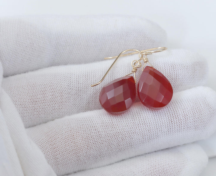Carnelian Earrings Faceted Pear Shaped AAA Teardrops 14k Solid Gold or Filled or Sterling Silver Orange Chalcedony Natural Simple Drops