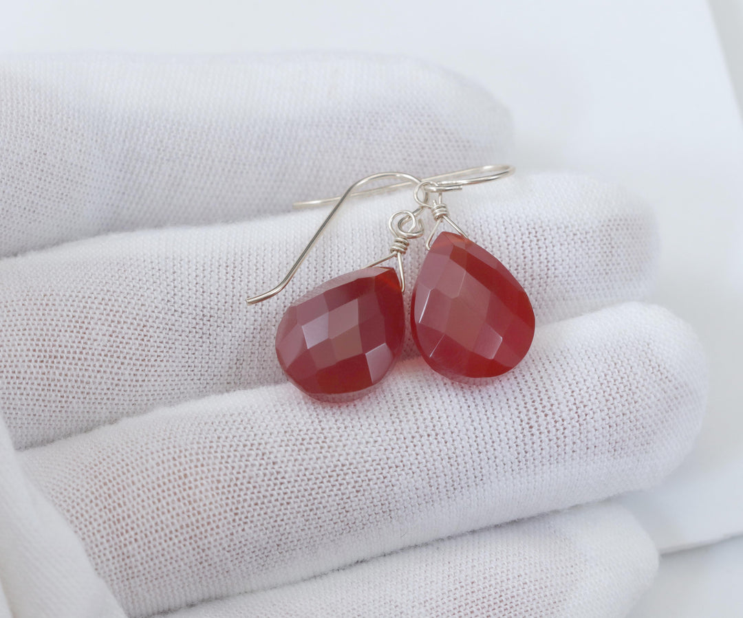 Carnelian Earrings Faceted Pear Shaped AAA Teardrops 14k Solid Gold or Filled or Sterling Silver Orange Chalcedony Natural Simple Drops