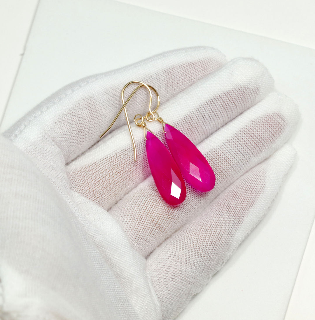 Hot Pink Chalcedony Earrings Long Teardrop Shaped faceted 14k solid gold or filled or Sterling Silver Briolettes Fuchsia Magenta Simple Drop