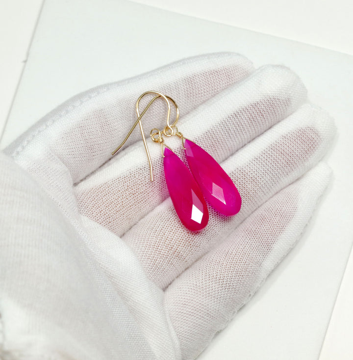 Hot Pink Chalcedony Earrings Long Teardrop Shaped faceted 14k solid gold or filled or Sterling Silver Briolettes Fuchsia Magenta Simple Drop