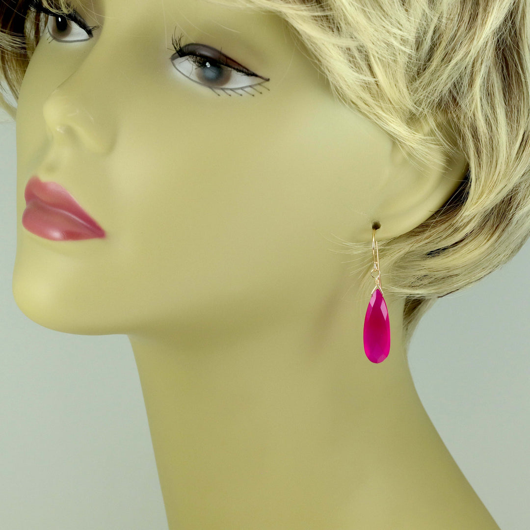Hot Pink Chalcedony Earrings Long Teardrop Shaped faceted 14k solid gold or filled or Sterling Silver Briolettes Fuchsia Magenta Simple Drop