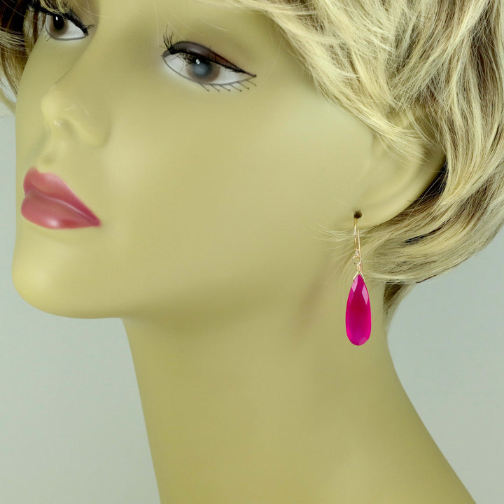 Hot Pink Chalcedony Earrings Long Teardrop Shaped faceted 14k solid gold or filled or Sterling Silver Briolettes Fuchsia Magenta Simple Drop