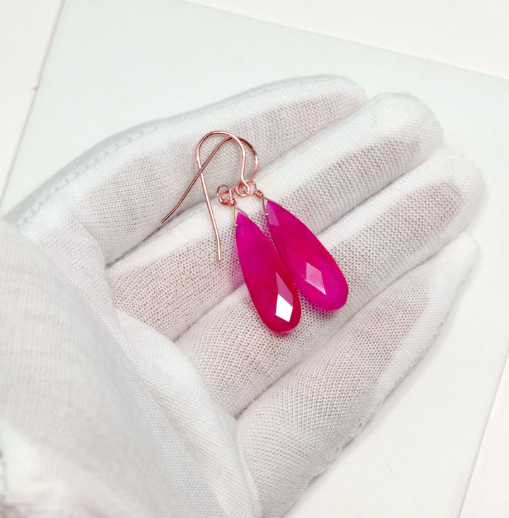 Hot Pink Chalcedony Earrings Long Teardrop Shaped faceted 14k solid gold or filled or Sterling Silver Briolettes Fuchsia Magenta Simple Drop