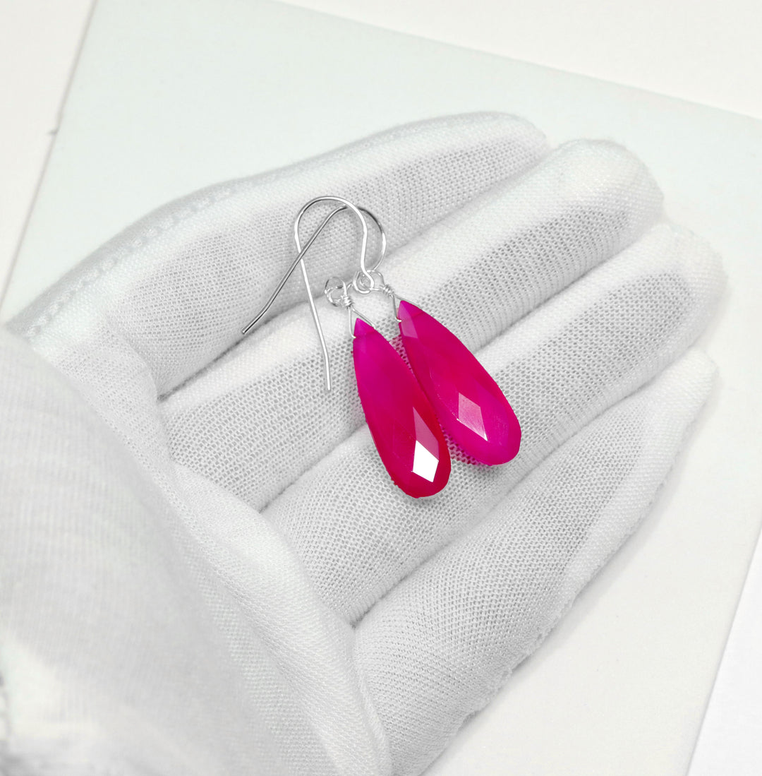 Hot Pink Chalcedony Earrings Long Teardrop Shaped faceted 14k solid gold or filled or Sterling Silver Briolettes Fuchsia Magenta Simple Drop