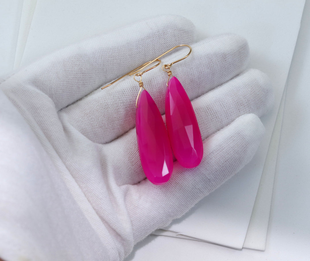 Hot Pink Chalcedony Earrings Long Teardrop Shaped faceted 14k solid gold or filled or Sterling Silver Large Fuchsia Magenta Simple Drop 2 Inch