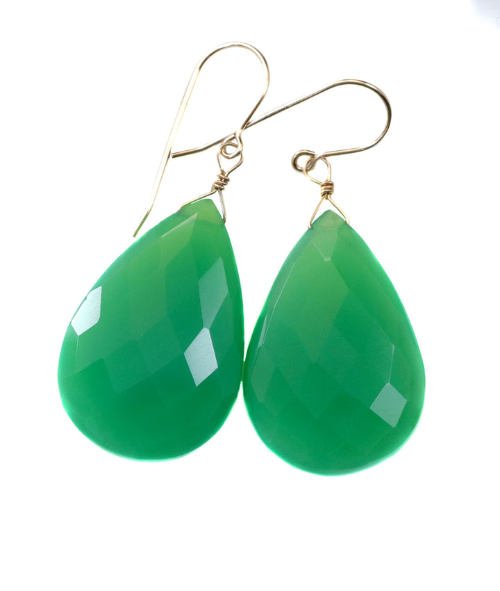 Chrysoprase Earrings Sterling Silver or 14k Solid Gold or Filled Faceted Large Long 2 Inch Teardrop Apple Green Chalcedony Classic Natural Drops