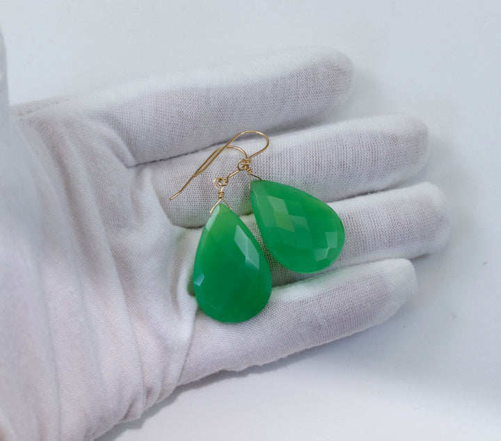 Chrysoprase Earrings Sterling Silver or 14k Solid Gold or Filled Faceted Large Long 2 Inch Teardrop Apple Green Chalcedony Classic Natural Drops