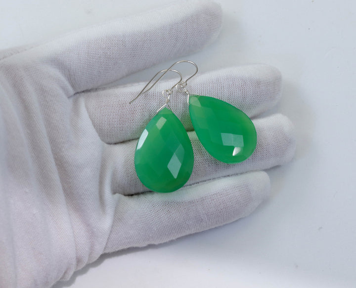 Chrysoprase Earrings Sterling Silver or 14k Solid Gold or Filled Faceted Large Long 2 Inch Teardrop Apple Green Chalcedony Classic Natural Drops