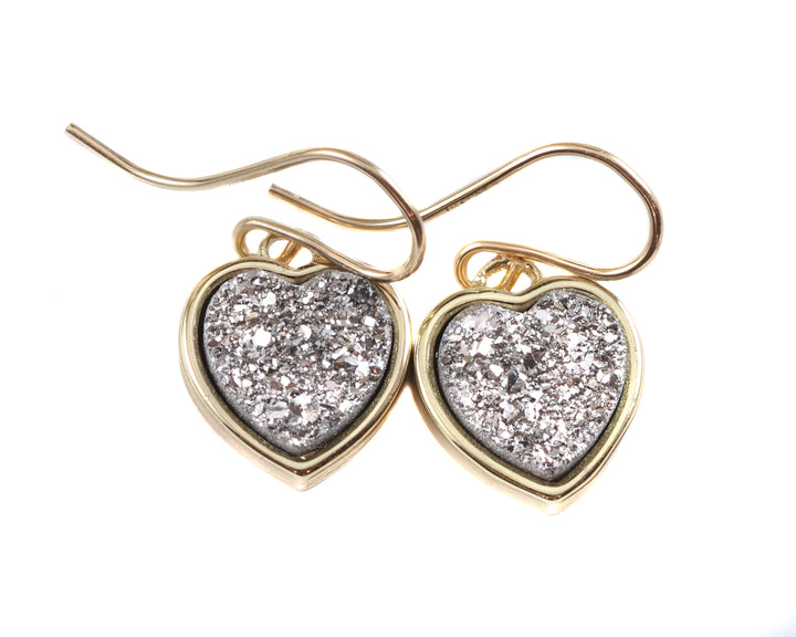 Silvery Druzy Earrings Teardrop 14k Solid Gold or Filled French Ear Wires Bezel Simple Drops sparkly drusy quartz Square Cut Dainty Bright