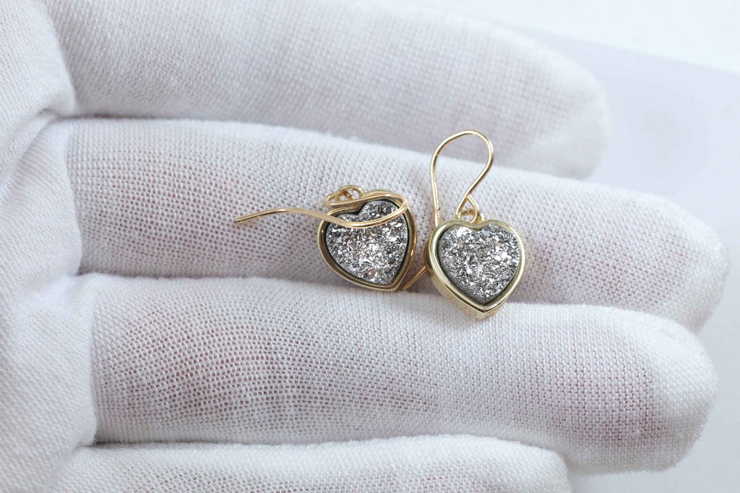 Silvery Druzy Earrings Teardrop 14k Solid Gold or Filled French Ear Wires Bezel Simple Drops sparkly drusy quartz Square Cut Dainty Bright