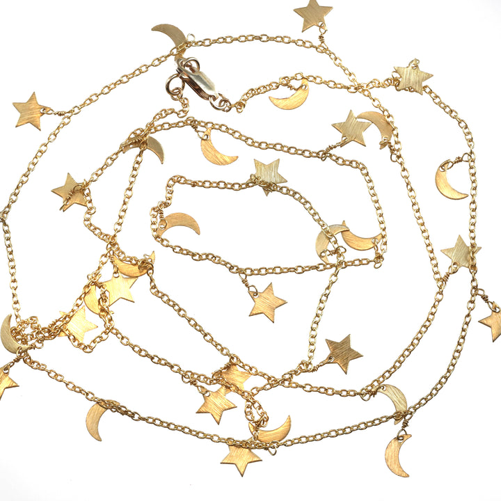Stars and Harvest Moons Charm Necklace Long 36 Inch Hanging Single or Double Up Dainty Everyday Design