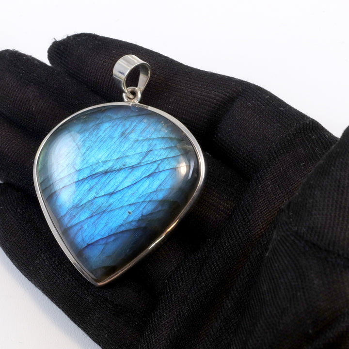 Labradorite Pendant  Sterling Silver Marquise Teardrop  Large Cabachon Bezel Set Pendent AAA Simple  Natural Blue Flash Spyglass Design 2 In