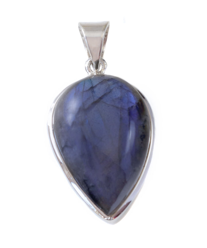 Labradorite Necklace Pendant  Sterling Silver Teardrop Cabochon Large Shape AAA Spyglass Designs Natural Blue Flash Clean Simple Design