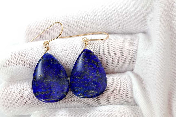 Blue Lapis Lazuli Earrings Natural Large Huge Smooth Teardrop Drops Sterling Silver or 14k Solid Gold or Filled Pyrite Spyglass Designs