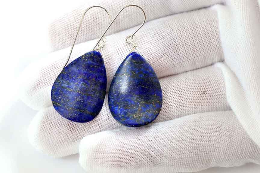 Blue Lapis Lazuli Earrings Natural Large Huge Smooth Teardrop Drops Sterling Silver or 14k Solid Gold or Filled Pyrite Spyglass Designs
