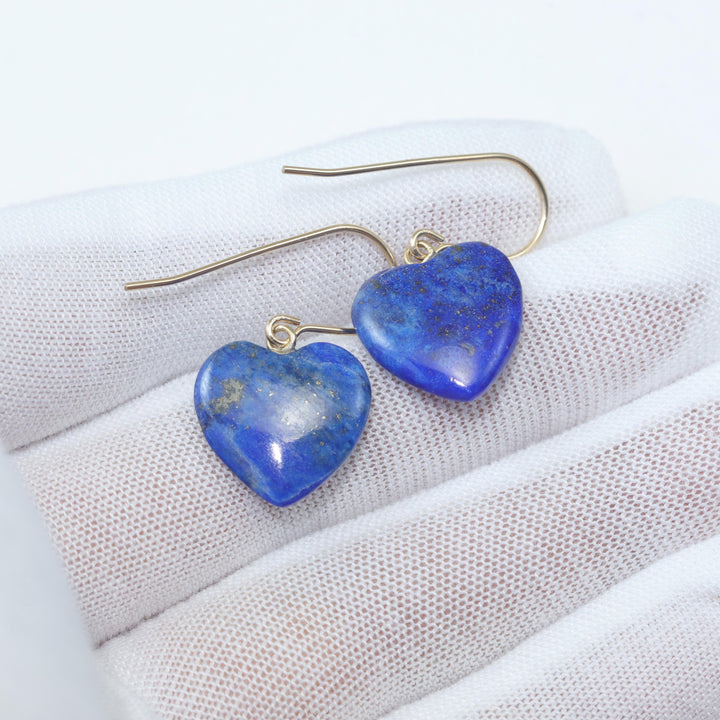 Blue Lapis Lazuli Earrings Natural Heart Sterling Silver or 14k Solid Gold or Filled Earrings Pyrite Flecks Everyday Daily Wear Drops