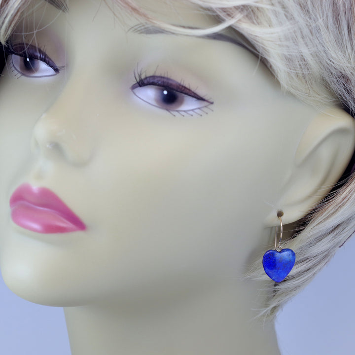 Blue Lapis Lazuli Earrings Natural Heart Sterling Silver or 14k Solid Gold or Filled Earrings Pyrite Flecks Everyday Daily Wear Drops