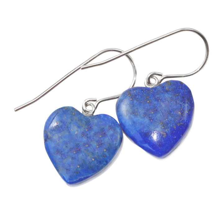 Blue Lapis Lazuli Earrings Natural Heart Sterling Silver or 14k Solid Gold or Filled Earrings Pyrite Flecks Everyday Daily Wear Drops