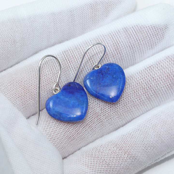 Blue Lapis Lazuli Earrings Natural Heart Sterling Silver or 14k Solid Gold or Filled Earrings Pyrite Flecks Everyday Daily Wear Drops