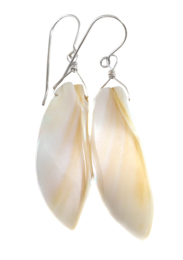 Mother of Pearl Earrings White Shell 14k Gold or Filled or Sterling Silver Natural Curved Shell Long 2 1/2 Inch Drops Large Simple Drops MOP