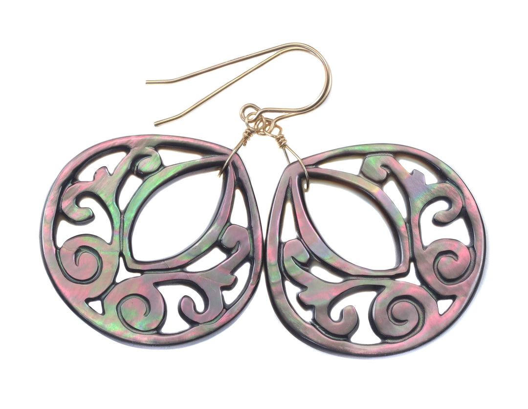 Mother of Pearl Black Lip Shell Teardrop Earrings Natural Peacock Carved Sterling Silver  Silvery Pink and Blue Colors 14k Solid Gold 2"