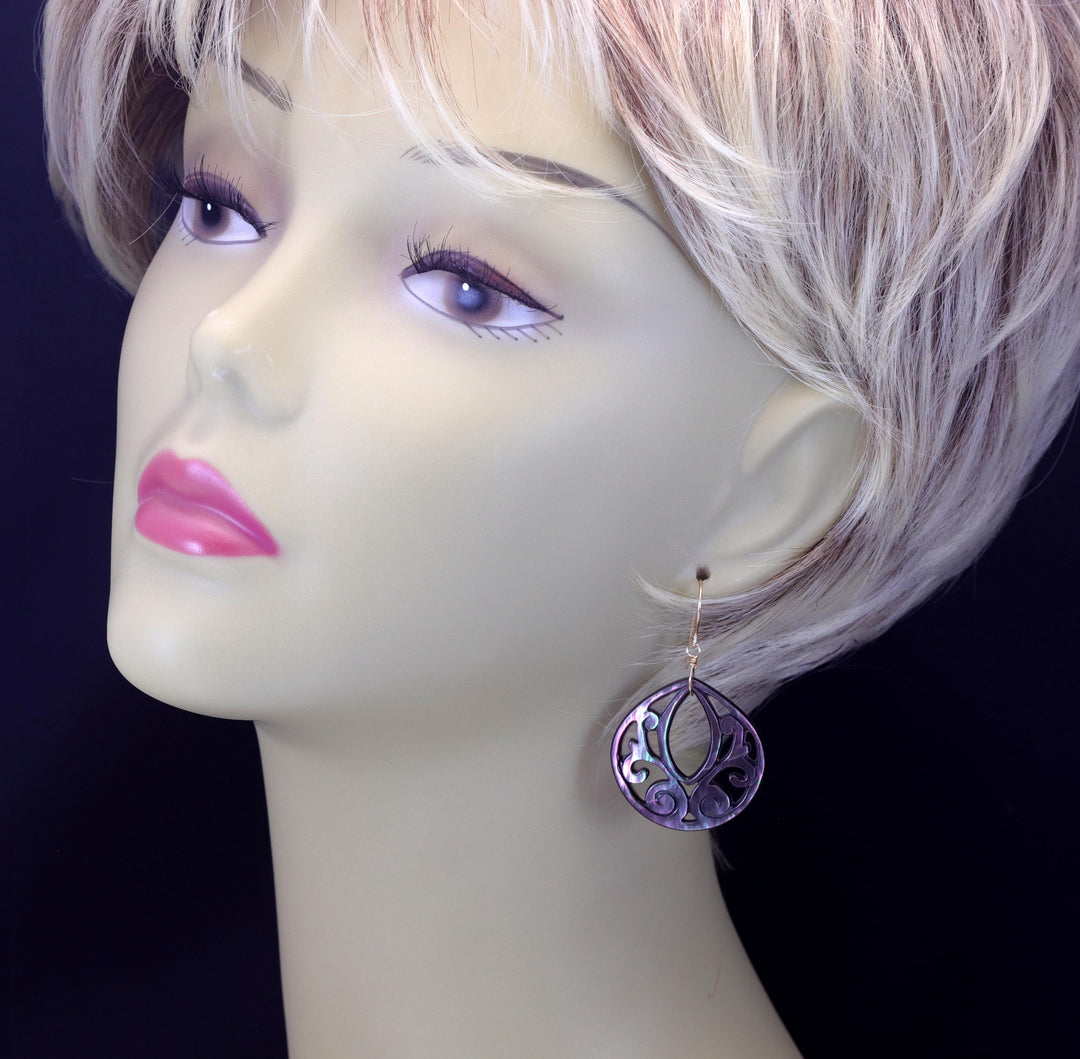 Mother of Pearl Black Lip Shell Teardrop Earrings Natural Peacock Carved Sterling Silver  Silvery Pink and Blue Colors 14k Solid Gold 2"