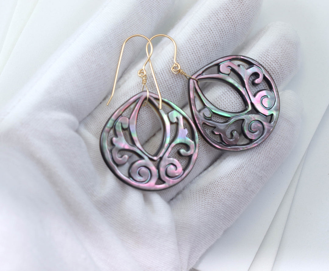 Mother of Pearl Black Lip Shell Teardrop Earrings Natural Peacock Carved Sterling Silver  Silvery Pink and Blue Colors 14k Solid Gold 2"